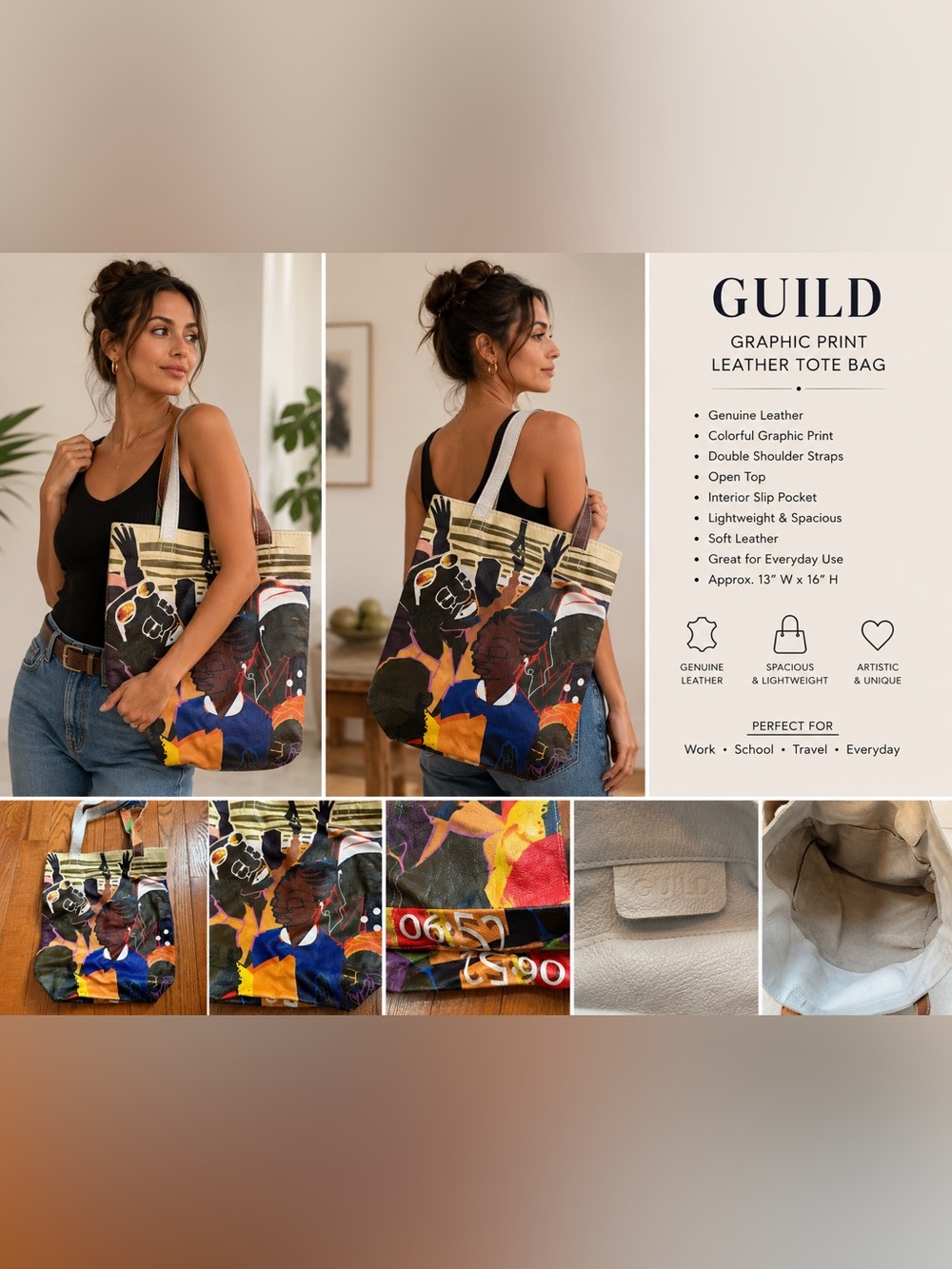 Guild Multicolor Graphic Print Leather Tote Bag Large Art Statement Shopper